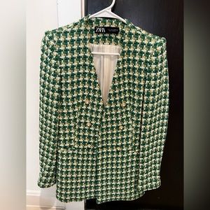 Green and ivory tweed blazer
